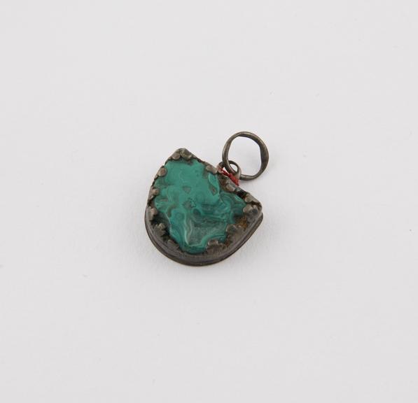 Malachite pendant with silver mount, shield-shaped, amuletic