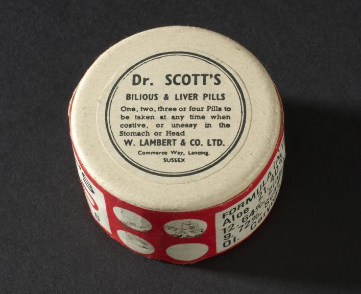 Cardboard box for Dr Scott's Coated Bilious and Liver Pills, West Sussex, England, 1930-1950