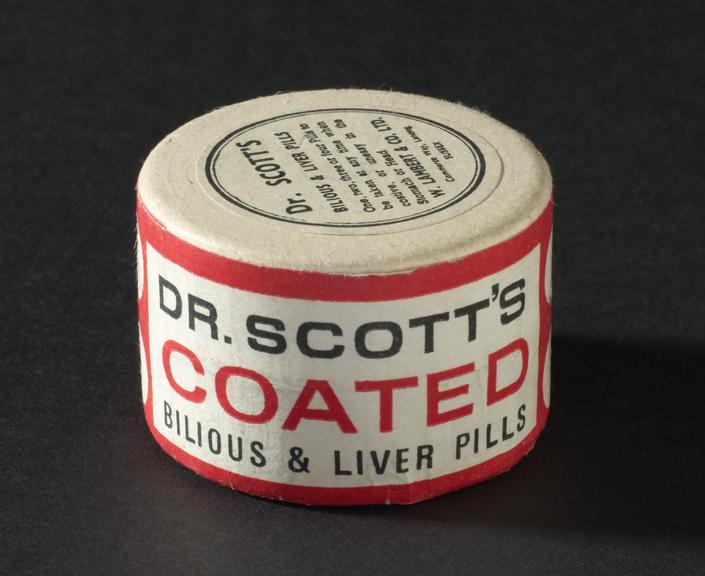 Cardboard box for Dr Scott's Coated Bilious and Liver Pills, West Sussex, England, 1930-1950