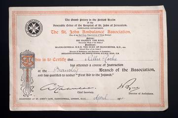 Certificate presented by St John Ambulance Association, England, 1942