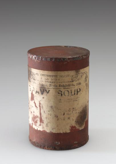 Five tins gravy soup (one empty), Boer War ration pack