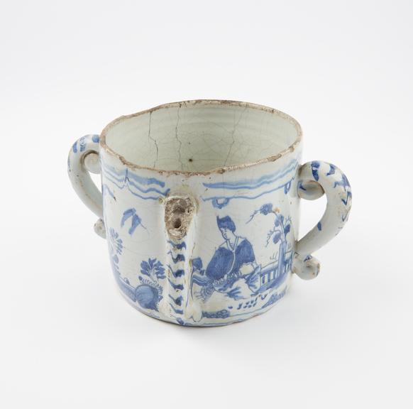 Posset pot, tin glazed earthenware, blue chinaman motif