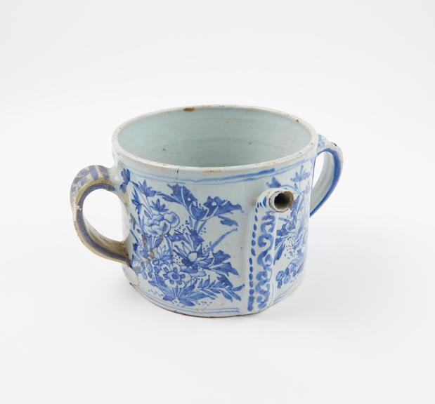 Posset pot, tin glazed earthenware, blue floral motif, English