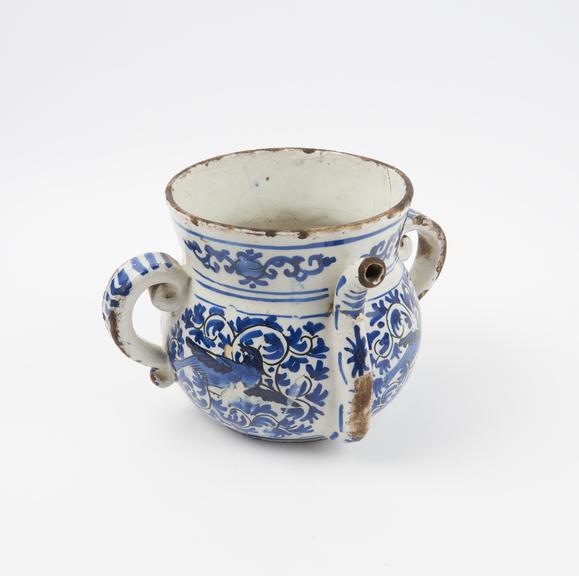 Posset pot, tin glazed earthenware