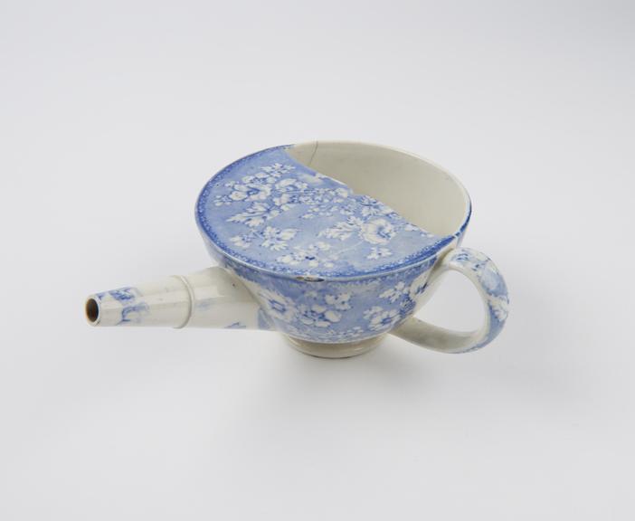 Blue and white transfer pattern feeding cup, Crellin 55