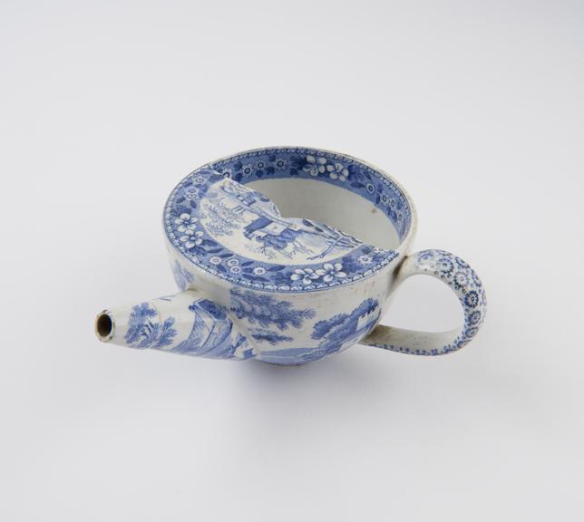 Blue and white transfer pattern feeding cup