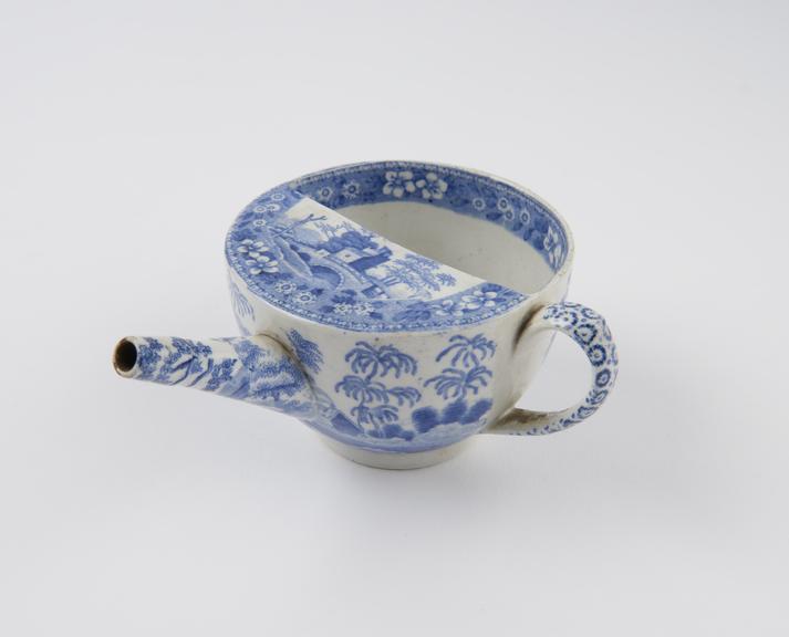 Blue and white transfer pattern feeding cup, Crellin 20