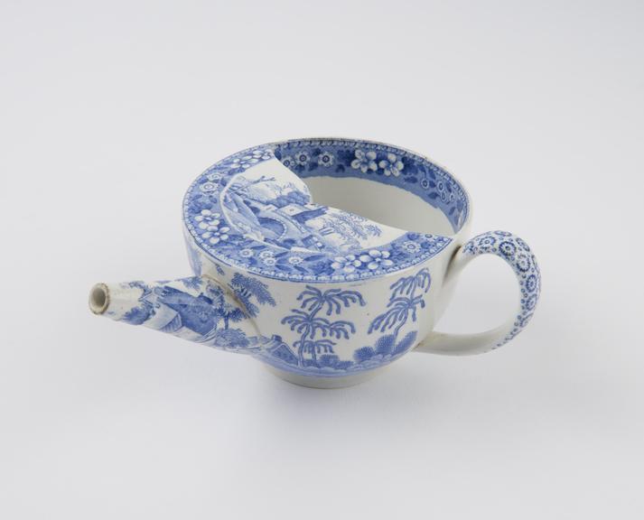 Blue and white transfer pattern feeding cup, Crellin 22