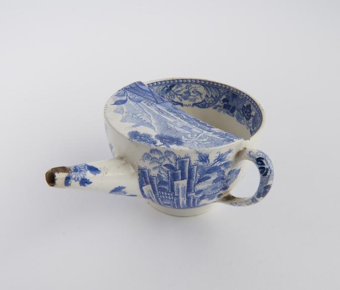 Blue and white transfer patterned feeding cup, by Wedgwood