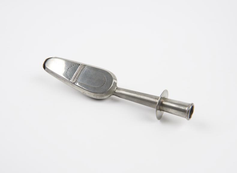 Pewter medicine spoon, invented by C. Gibson, English, 1830-1880