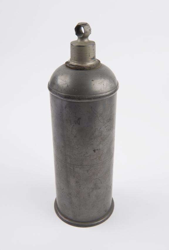 Cylindrical, pewter, hot water bottle, with screw cap