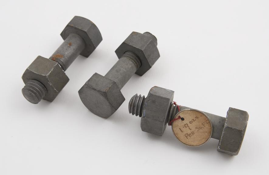 Three nuts and bolts, 65 x 25mm,  sherardized by Cowper Coles