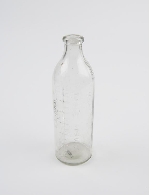 Glass infant's feeding bottle, English, 1930-1960