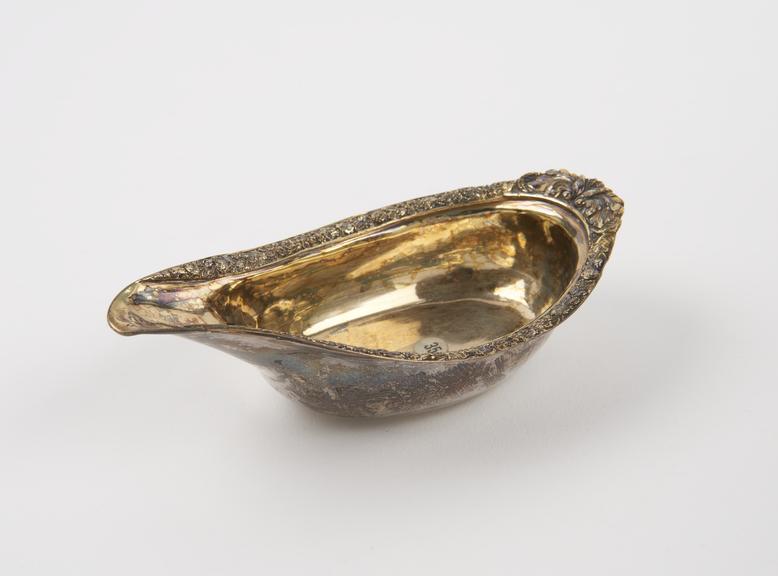 Sterling silver gilt pap boat, boat shaped with decorated edge