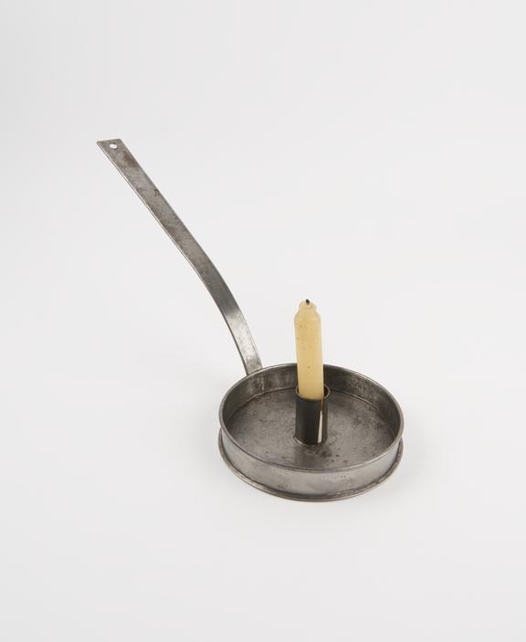 Pewter candlestick with long handle, by Andrew Brown of Glasgow