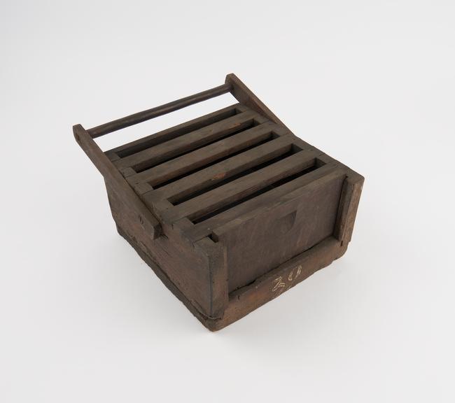 Foot warmer, oak box with iron burner inside, rectangular