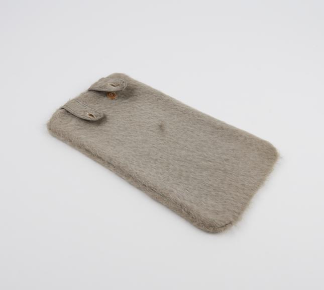 Hot water bottle cover, grey wool, with tabs and buttons