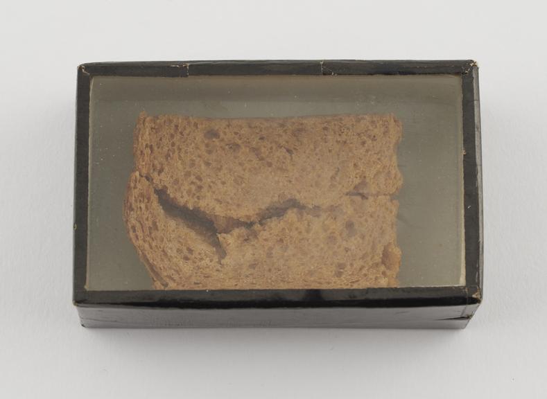 Crust of brown bread in glass-topped box, amuletic