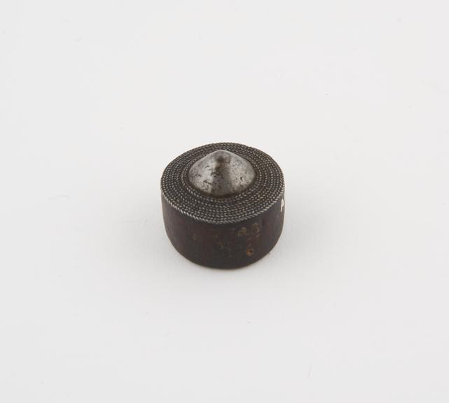 Wooden ear plug, cylindrical, with ornamental cap, Ugandan