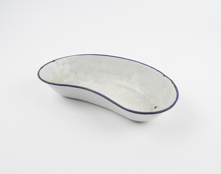 Kidney bowl, white enamel with blue rim, owned by F.T