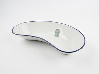 White kidney dish with a blue rim