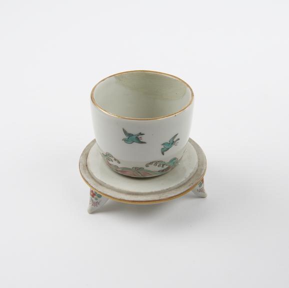 White china feeding cup with Japanese-style illustration