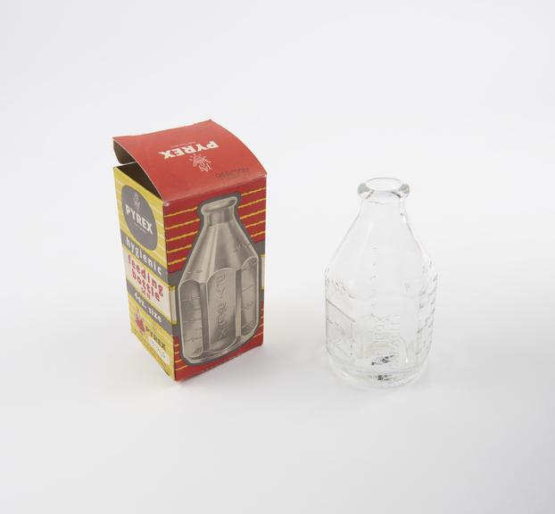 Glass infant's feeding bottle, Pyrex brand, in original box