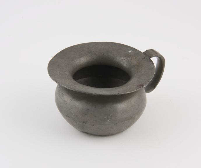 Circular, pewter spittoon with handle, Spanish, 1750-1880