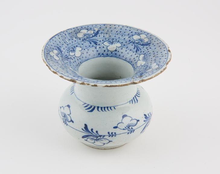 Spittoon, blue tin glazed earthenware, English or Dutch