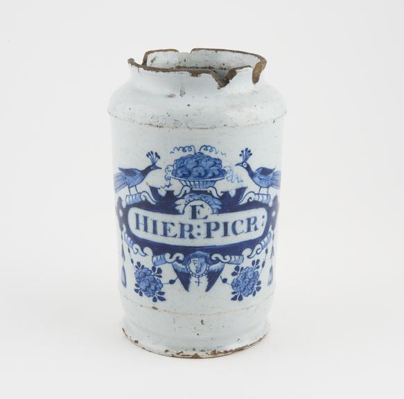 Tin-glazed earthenware drug jar, peacock motif