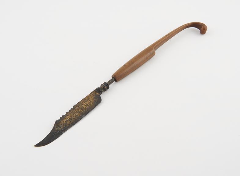 Knife, steel, engraved and gilt blade with wooden handle