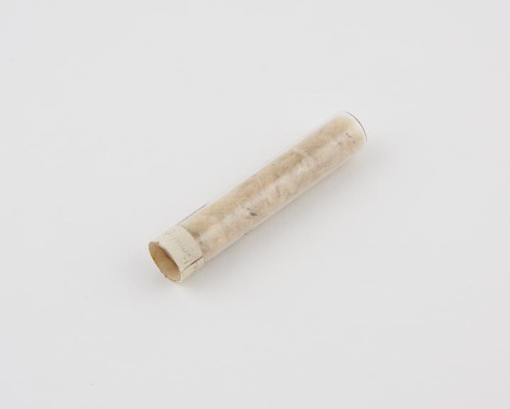 Glass tube, cork stoppered, containing fibre wool-life tinder