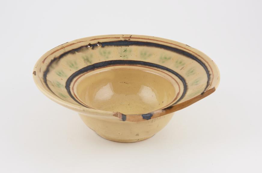 Barber's shaving bowl, slipped earthenware, Swiss, 1760-1880