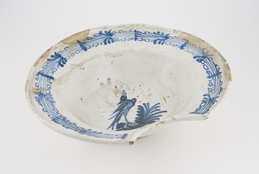 Barber's shaving bowl, tin glazed earthenware, Dutch