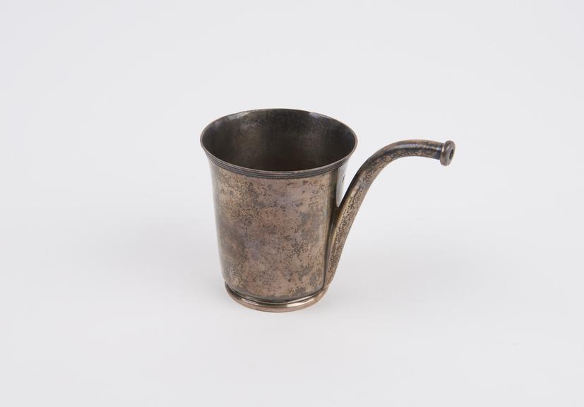 Silver invalid feeding cup, with curved spout on the side