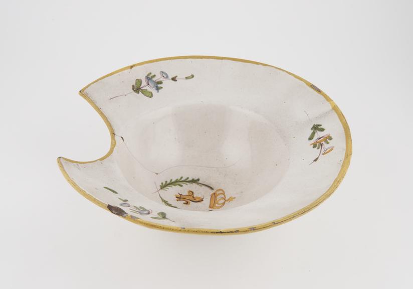 Barber's shaving bowl, tin glazed earthenware, French, 1701-1770