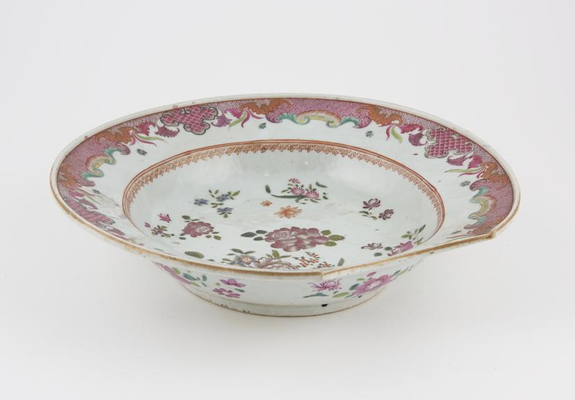 Barber's shaving bowl, porcelain, perhaps English, 1750-1850