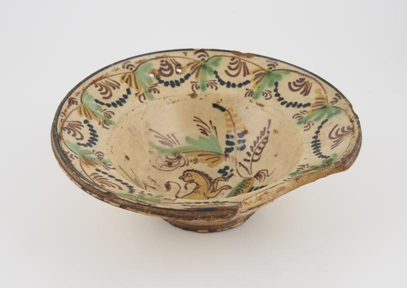 Barber's shaving bowl, polychrome earthenware, Spanish