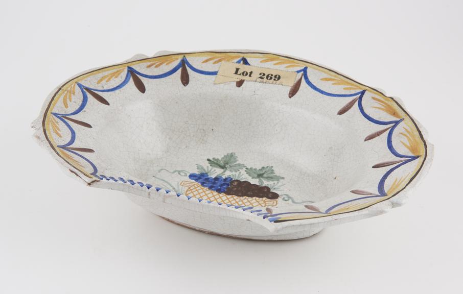 Barber's shaving bowl, tin glazed earthenware, Spanish