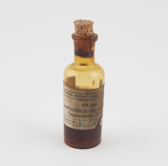 Bottle, amber glass, cork stopper, for Gas-Oedem serum