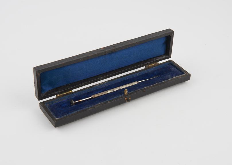 Padbury's double-ended vaccinator, steel, in leather case