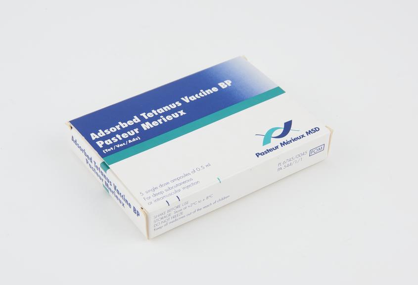 Box containing five single dose ampoules of Adsorbed Tetanus