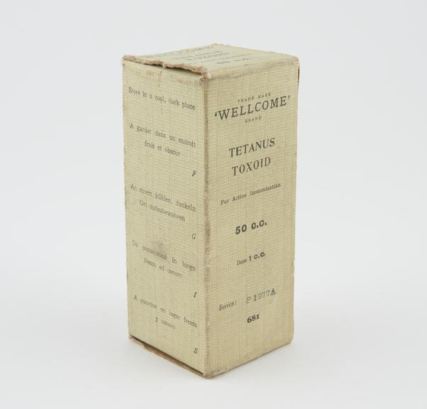 Bottle of tetanus toxoid in original carton