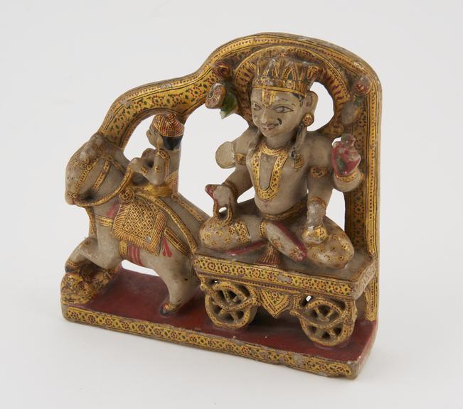 19th century painted alabaster shrine of Surya in seven horse