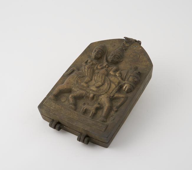 Hinged brass box, with Bhairava and Bhairavi, on lid, Indian