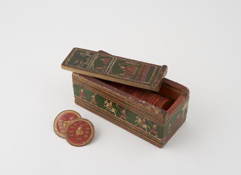 96 playing cards, in wooden box, Indian, 1801-1900