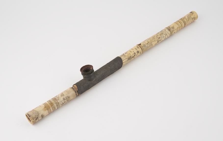 Ivory opium pipe, cylindrical stem, with metal mount for bowl