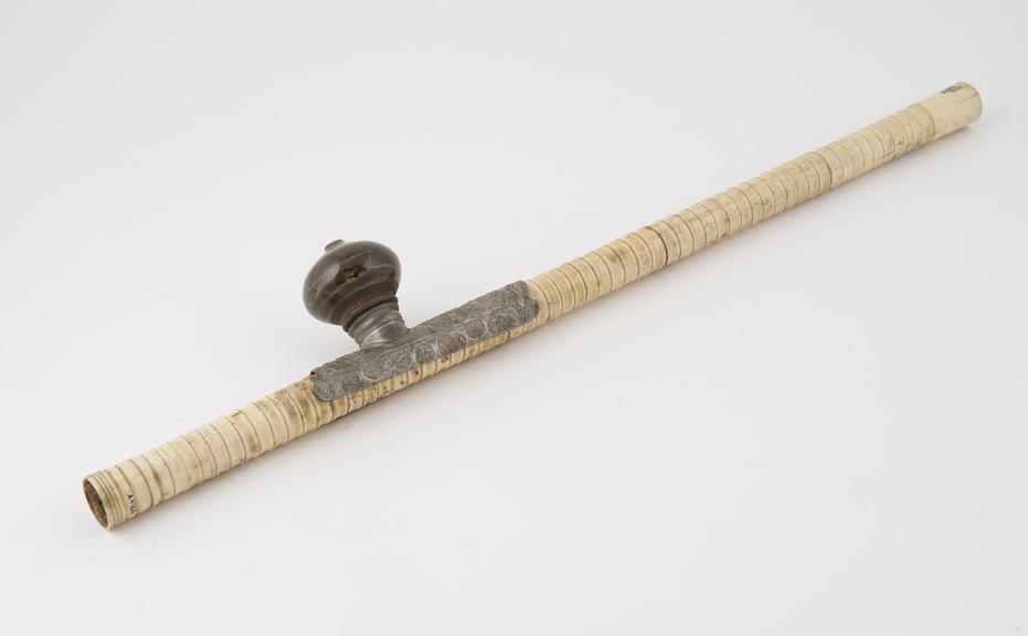 Ivory opium pipe, cylindrical stem, with ivory mouthpiece