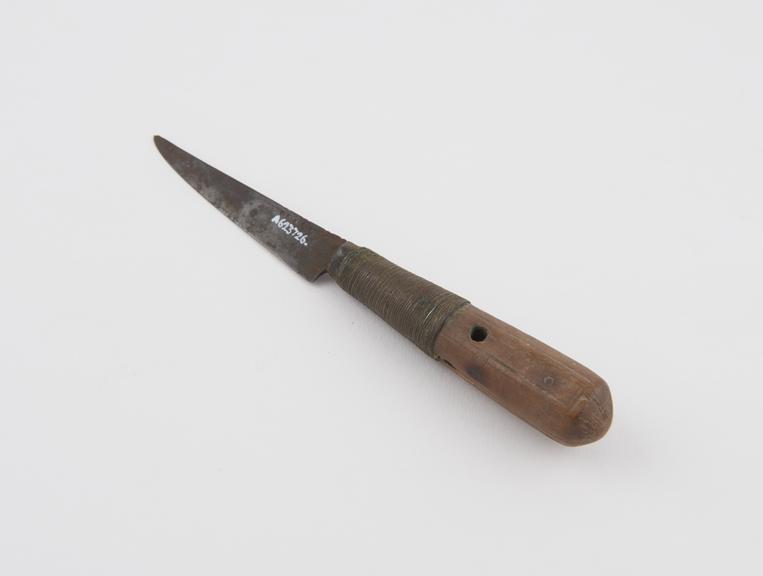 Surgical knife, steel blade, wooden handle bound with wire