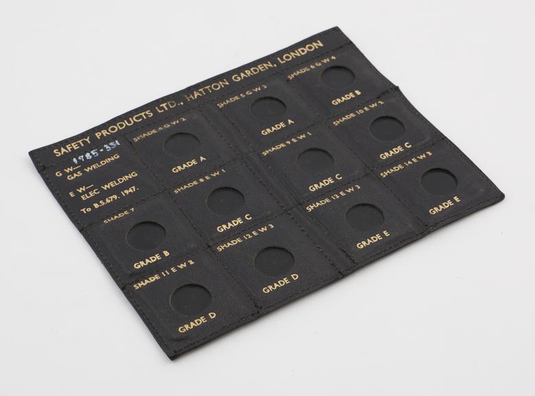 Set of eleven samples of eye protecting glasses for welding